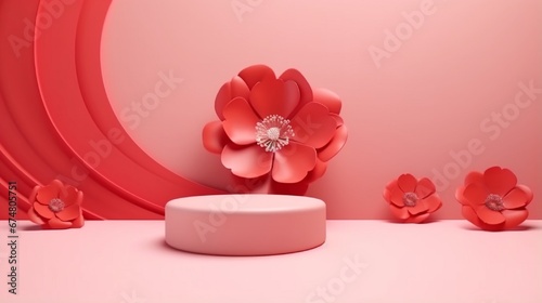 3D rendering flower background red color with geometric shape podium for product display, minimal concept, Premium illustration pastel floral elements, beauty, cosmetic