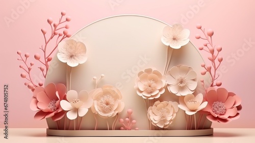 3D rendering flower background vintage color with geometric shape podium for product display, minimal concept, Premium illustration pastel floral elements, beauty, cosmetic