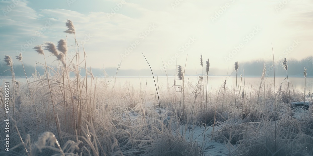 Generative AI, Winter aesthetic landscape panorama, muted neutral colors, forest and mountains..
