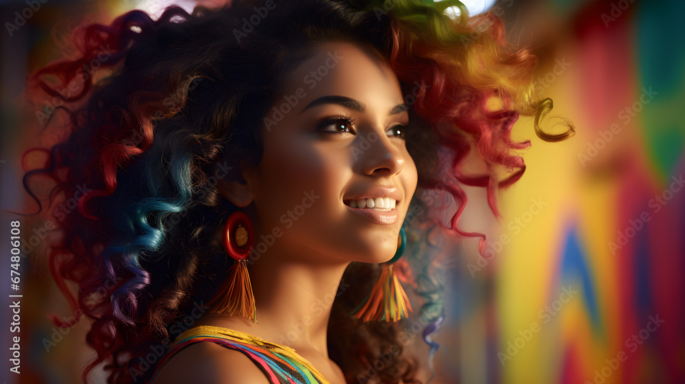 Fiesta Latina: La Juventud que Marca Tendencia en la Moda Retro mujer latina hermosa cabello rizado con luces multicolor sonriente