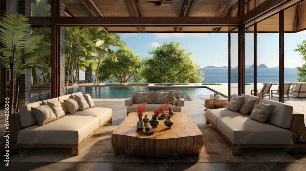 Tropical luxury villa interior, living room with sea view veranda Tropical luxury villa interior, living room with sea view veranda