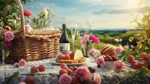 Summer romantic picnic on the beautiful meadow. There is a picnic basket with white wine, home made cake, croissants and bouquet of pink and white flowers.
