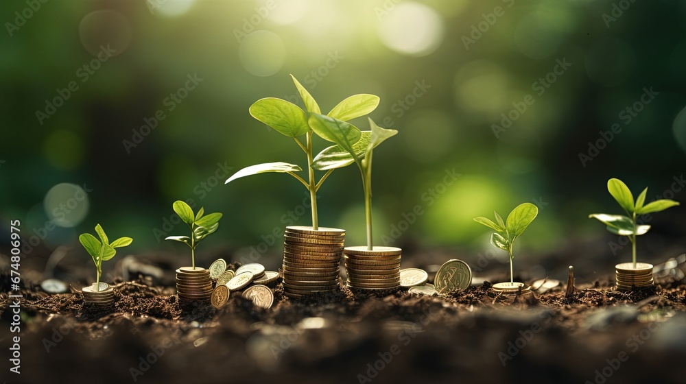 Investment ideas for success Coins and small trees on the ground outdoor nature blurred background - obrazy, fototapety, plakaty 