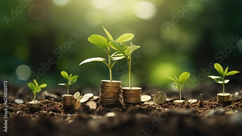Investment ideas for success Coins and small trees on the ground outdoor nature blurred background
