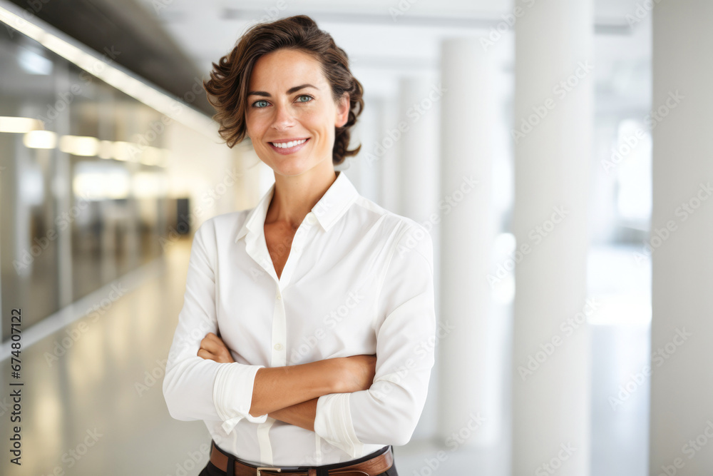Confident smiling business woman early middle age elegant standing with arms crossed in the office hall. Corporate portrait. Confident smiling business woman early middle age elegant standing with arms crossed in the office hall. Corporate portrait.