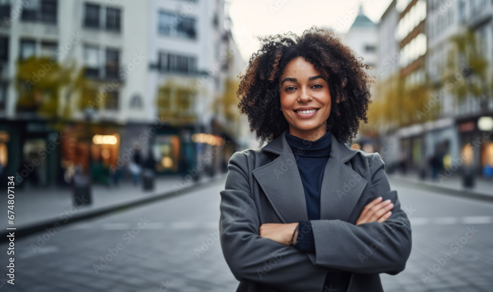 Smiling confident professional black businesswoman standing with arms crossed in the city street. corporate portrait.