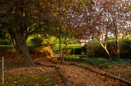 Autumn (fall) scene in England with a footpath leading through a park with trees.