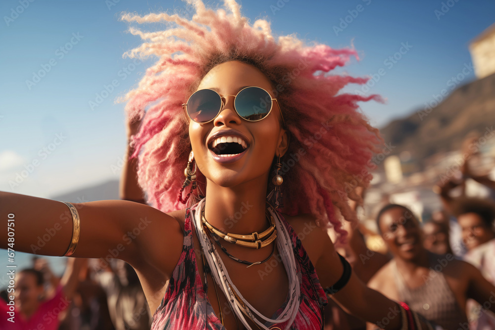 Young african happy smiling woman with pink hair in sunglasses in stylish clothes in boho style with fashion accessories dancing at a music festival on the beach on the background of a crowd of people