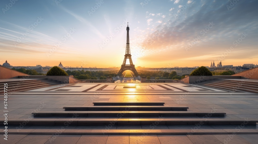 Eiffel Tower and Trocadero square during sunrise Paris - obrazy, fototapety, plakaty 
