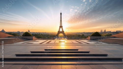 Eiffel Tower and Trocadero square during sunrise Paris photo