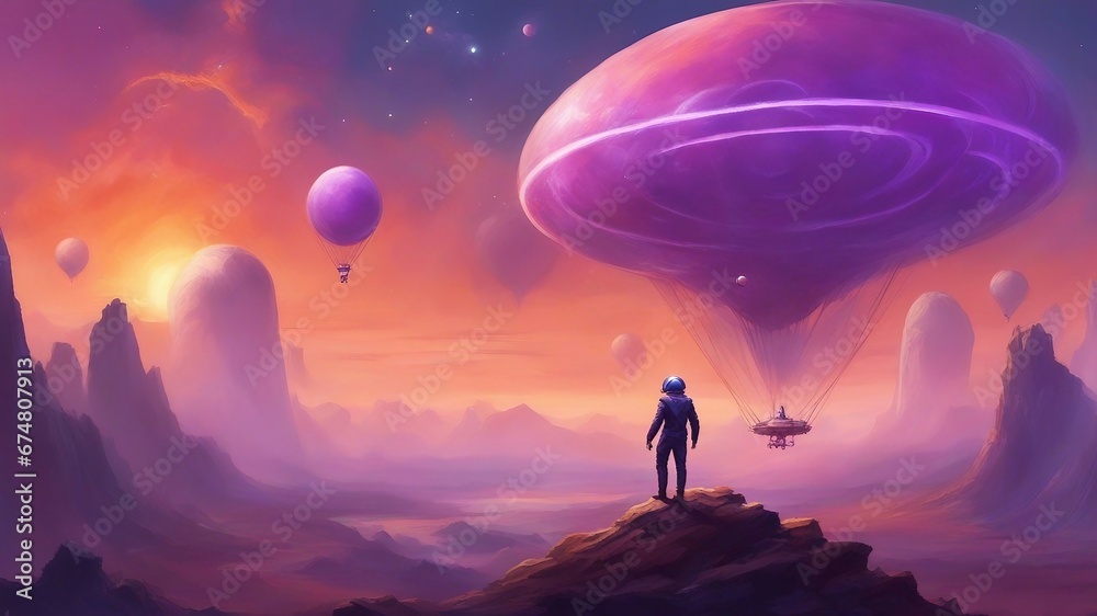 person in the mountains A space explorer wearing a helmet and a suit lands on a strange planet with a large aerostat.  