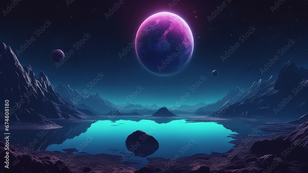 night sky and moon Earth view at night from the alien planet, neon space background within dark starry sky 