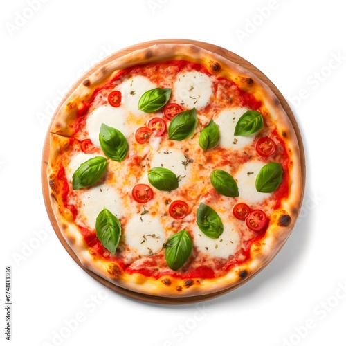 Top view on Margherita pizza on white background.