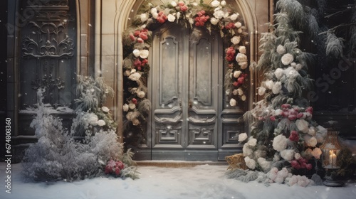 A door is decorated with christmas decorations in the snow