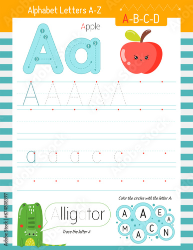 Letter Tracing Worksheet for Activity Book for kids. For Letter A upper and lower case. Preschool tracing and writing practice for toddler and teacher. Vector printable page 