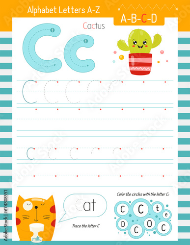 Letter Tracing Worksheet for Activity Book for kids. For Letter C upper and lower case. Preschool tracing and writing practice for toddler and teacher. Vector printable page 