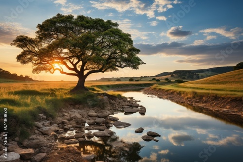 A lone tree sitting on the bank of a river © Maria Starus