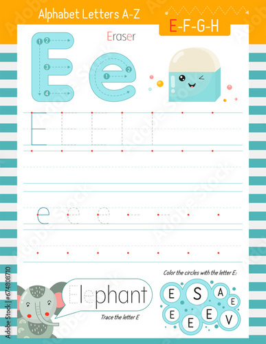 Letter Tracing Worksheet for Activity Book for kids. For Letter E upper and lower case. Preschool tracing and writing practice for toddler and teacher. Vector printable page for Exercise book. 