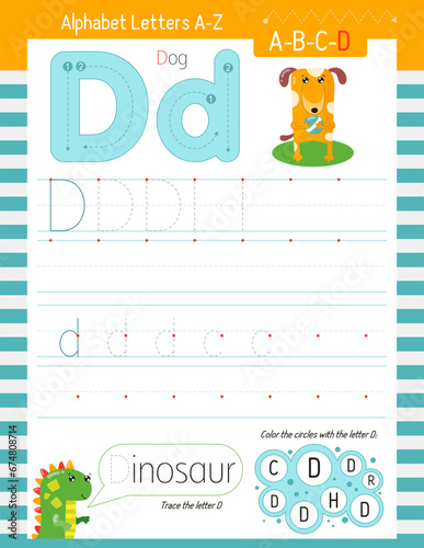 Letter Tracing Worksheet for Activity Book for kids. For Letter D upper and lower case. Preschool tracing and writing practice for toddler and teacher. Vector printable page for Exercise book. 