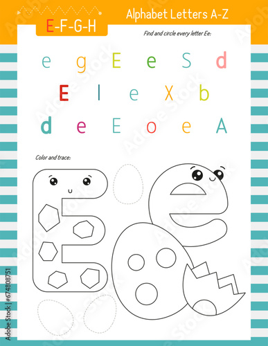 Letter Coloring Worksheet for Kids Activity Book. For Letter E upper and lower case. Preschool tracing lines, shapes and coloring practice for toddler and teacher. Vector printable