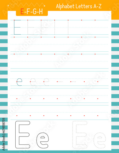 Letter Tracing Worksheet for Kids workbook. For Letter E upper and lower case. Preschool tracing and handwriting practice for developing writing skills. Vector lined page for Exercise book.