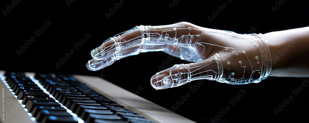 Symbol of a human hand and a computer keyboard backlit by light light. generative ai Symbol of a human hand and a computer keyboard backlit by light light. generative ai