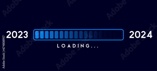 2024 loading bar progress with digital technology dark blue background. Happy new year 2024 loading loading bar of start goal, planning and strategy. 2023 to 2024 loading business web banner vector