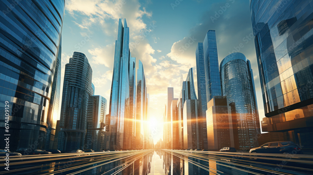 glass buildings with cloudy blue sky background