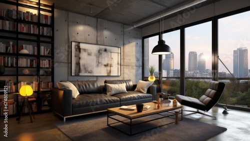 Bedroom decor, home interior design . Modern Industrial style with Floor-to-Ceiling Windows decorated with Concrete and Metal material . Generative AI AIG26. © Summit Art Creations