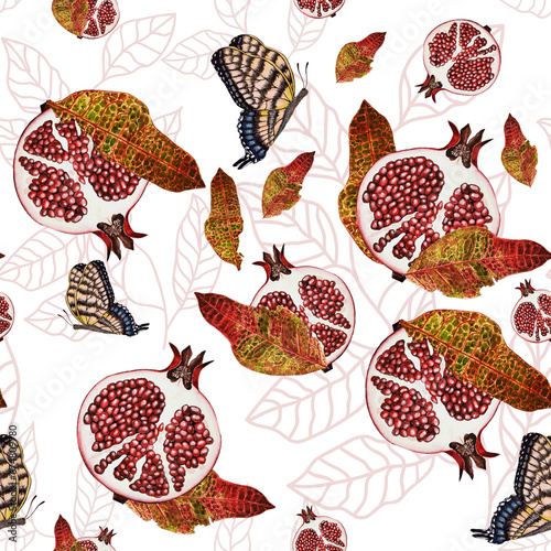 seamless pattern with leaves pomergranat photo