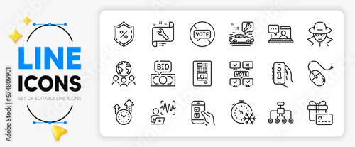 Bid offer, Mobile survey and Online voting line icons set for app include Loan percent, Global business, Voice wave outline thin icon. Computer mouse, Support, Fraud pictogram icon. Vector