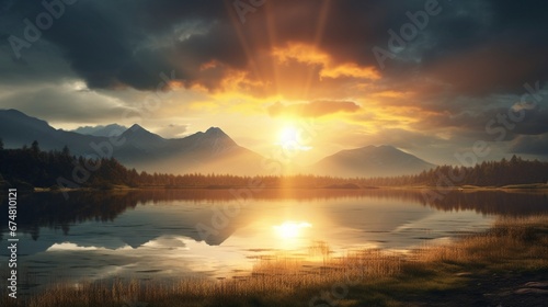 A beautiful golden sun setting over the distant mountains sending shining rays of yellow light over a quiet little country lake