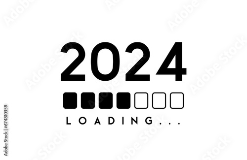 2024 countdown concept. Loading bar of 2024. The loading of bar with loading progress of blocks for happy new year's eve and loading to 2024 with progress bar flat design isolated on white background photo