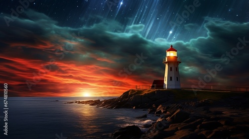 A beautiful night sky behind a shining lighthouse