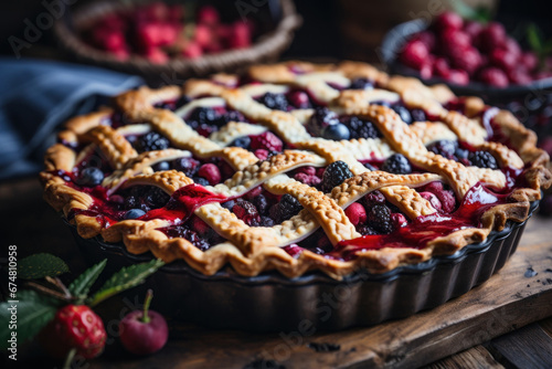 delicious pie with wild delicious pie with wild berries in a baking dish on a wooden tablein a baking dish on a wooden table photo