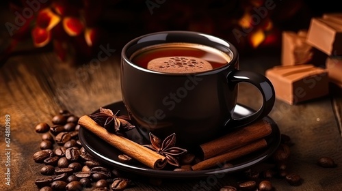 Hot black coffee in brown clay cup dark chocolate bar