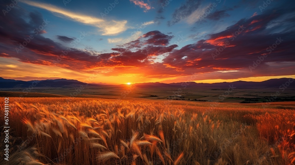 Fototapeta premium A beautiful vibrant sunset on a cloudy summer evening, overlooking a golden wheat field surrounded by mountains in Idaho country
