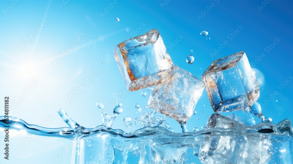 Obraz premium Ice cubes and splash water in glass on blue sky
