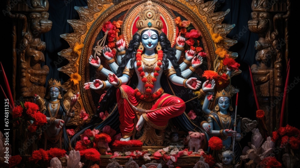 Idol of Goddess Maa Kali at a decorated puja pandal - obrazy, fototapety, plakaty 