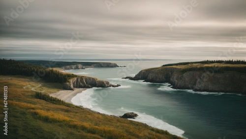 Scenic Canadian coastline with verdant cliffs  a secluded beach  and a winding path leading to the shore