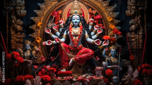 Idol of Goddess Maa Kali at a decorated puja pandal photo