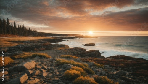 Golden sunset over a serene Canadian coastline with rocky shores  foamy waves  and dense forests