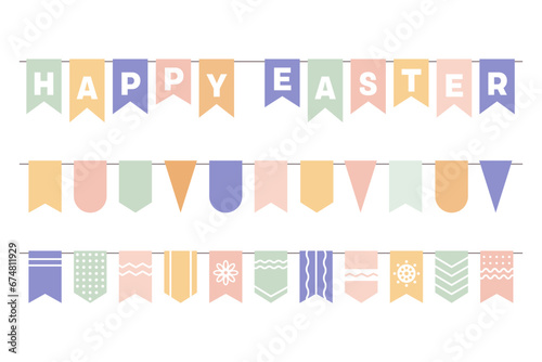 Cute Happy easter bunting, white background. Bunting flags with inscription Happy easter. Easter elements, colorful bunting for holiday decoration. Templates for scrapbooking. Vector illustration