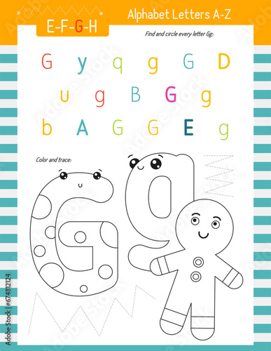 Letter Coloring Worksheet for Kids Activity Book. For Letter G upper and lower case. Preschool tracing lines, shapes and coloring practice for toddler and teacher. Vector printable page