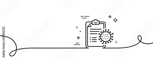 Coronavirus report line icon. Continuous one line with curl. Covid-19 virus treatment sign. Corona virus symbol. Coronavirus report single outline ribbon. Loop curve pattern. Vector