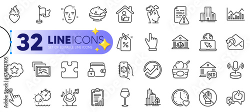 Outline set of Buildings, Like and Tanning time line icons for web with Health skin, Dating, Send mail thin icon. Skyscraper buildings, Corrupt, Bordeaux glass pictogram icon. Vector