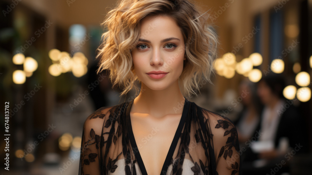 Fototapeta premium Portrait of a beautiful woman in a pink evening dress.