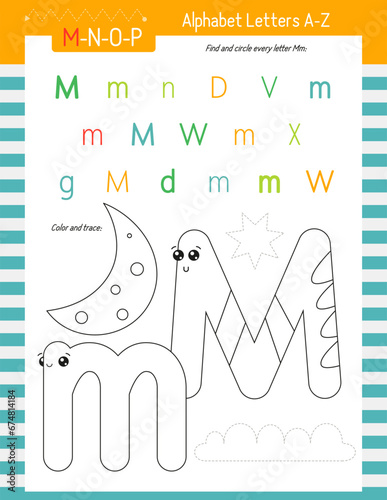Letter Coloring Worksheet for Kids Activity Book. For Letter M upper and lower case. Preschool tracing lines, shapes and coloring practice for toddler and teacher. Vector printable page