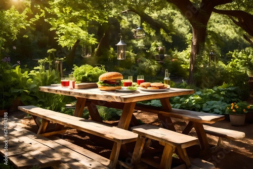 picnic in the garden, A chicken burger, a culinary masterpiece, graces a weathered picnic table in a lush garden