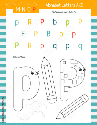 Letter Coloring Worksheet for Kids Activity Book. For Letter P upper and lower case. Preschool tracing lines, shapes and coloring practice for toddler and teacher. Vector printable page